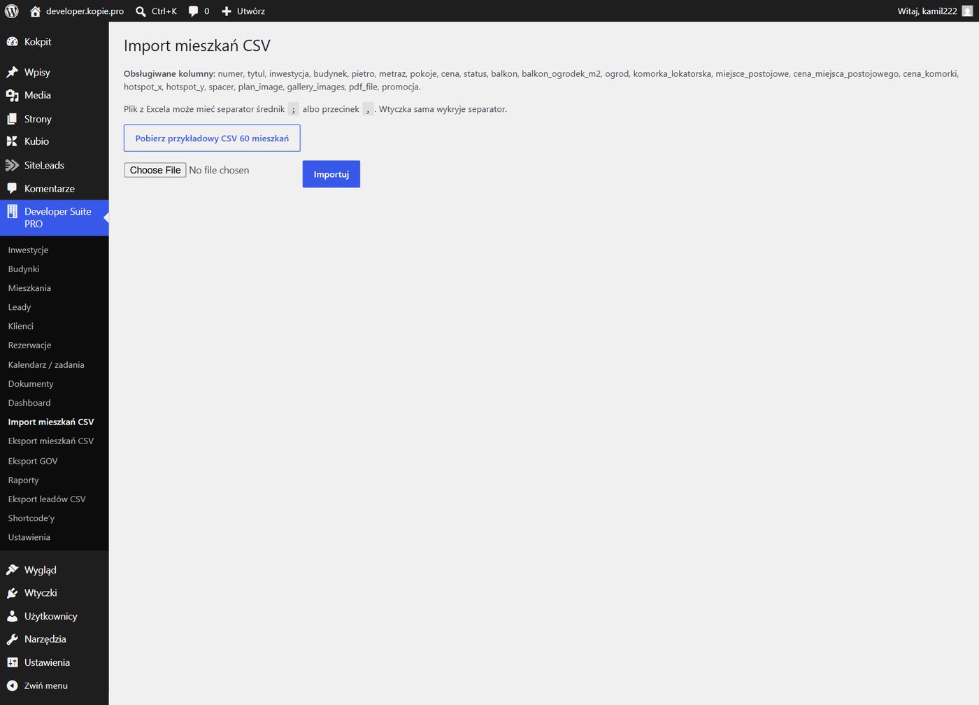 Import mieszkań CSV